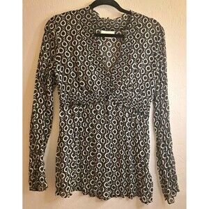 Worthington Vtg Black White Geometric Chiffon Ruffle V-Neck Long Sleeve Blouse M